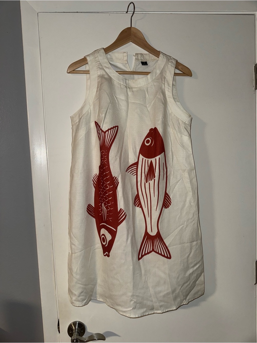 Cream Sleeveless Shift Dress with Red Fish Print